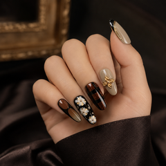 AMBERÉA Dark Mocha Press On Nails | Luxury Brown Floral Gel False Nails