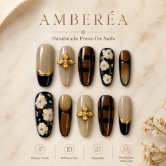 AMBERÉA Dark Mocha Press On Nails | Luxury Brown Floral Gel False Nails
