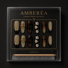 AMBERÉA Dark Mocha Press On Nails | Luxury Brown Floral Gel False Nails