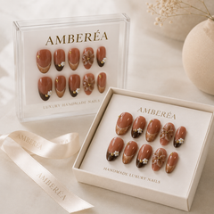 Luxury Nude Brown Press On Nails | Mocha Floral Gel False Nails – AMBERÉA
