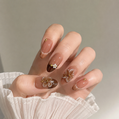 Luxury Nude Brown Press On Nails | Mocha Floral Gel False Nails – AMBERÉA