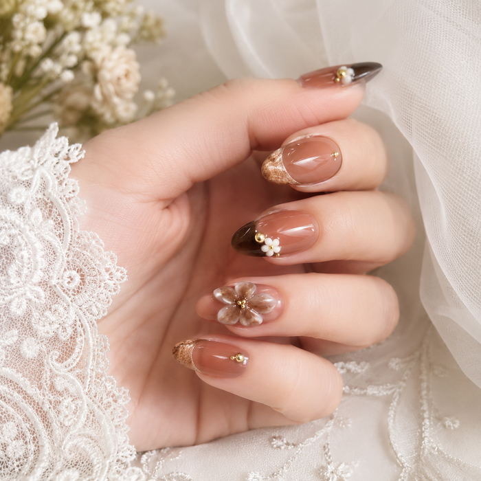 Luxury Nude Brown Press On Nails | Mocha Floral Gel False Nails – AMBERÉA