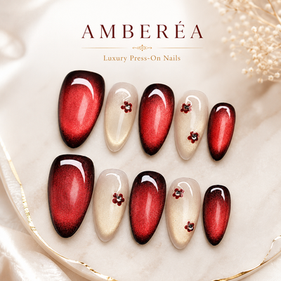 Ruby Red Cat-Eye Press-On Nails – Floral