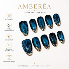 Blue Cat Eye Press On Nails | Luxury Sapphire Magnetic Gel Nails – AMBERÉA