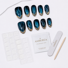 Blue Cat Eye Press On Nails | Luxury Sapphire Magnetic Gel Nails – AMBERÉA