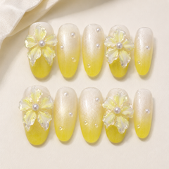 Lemon Pearl Flower Press On Nails | 3D Floral Yellow Gel Nails – AMBERÉA