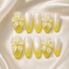 Lemon Pearl Flower Press On Nails | 3D Floral Yellow Gel Nails – AMBERÉA