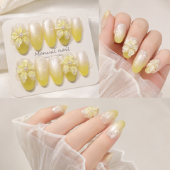 Lemon Pearl Flower Press On Nails | 3D Floral Yellow Gel Nails – AMBERÉA