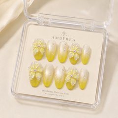 Lemon Pearl Flower Press On Nails | 3D Floral Yellow Gel Nails – AMBERÉA