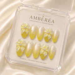 Lemon Pearl Flower Press On Nails | 3D Floral Yellow Gel Nails – AMBERÉA