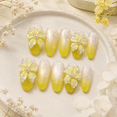 Lemon Pearl Flower Press On Nails | 3D Floral Yellow Gel Nails – AMBERÉA