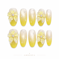 Lemon Pearl Flower Press On Nails | 3D Floral Yellow Gel Nails – AMBERÉA