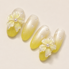 Lemon Pearl Flower Press On Nails | 3D Floral Yellow Gel Nails – AMBERÉA