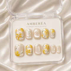 Ivory Floral Press On Nails | Yellow Flower Handmade Gel Nails – AMBERÉA