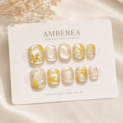 Ivory Floral Press On Nails | Yellow Flower Handmade Gel Nails – AMBERÉA