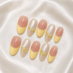 Pink Yellow Floral Press On Nails | Pearl French Gel Nails