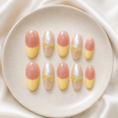 Pink Yellow Floral Press On Nails | Pearl French Gel Nails