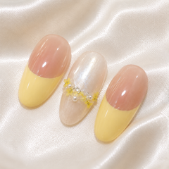 Pink Yellow Floral Press On Nails | Pearl French Gel Nails