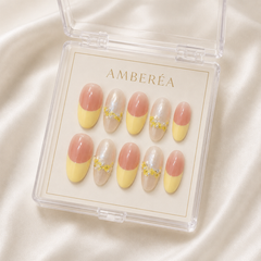 Pink Yellow Floral Press On Nails | Pearl French Gel Nails