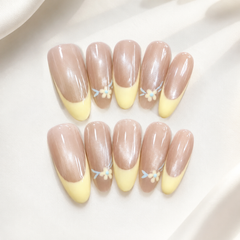 Nude Yellow French Press On Nails | Floral Gel Nails