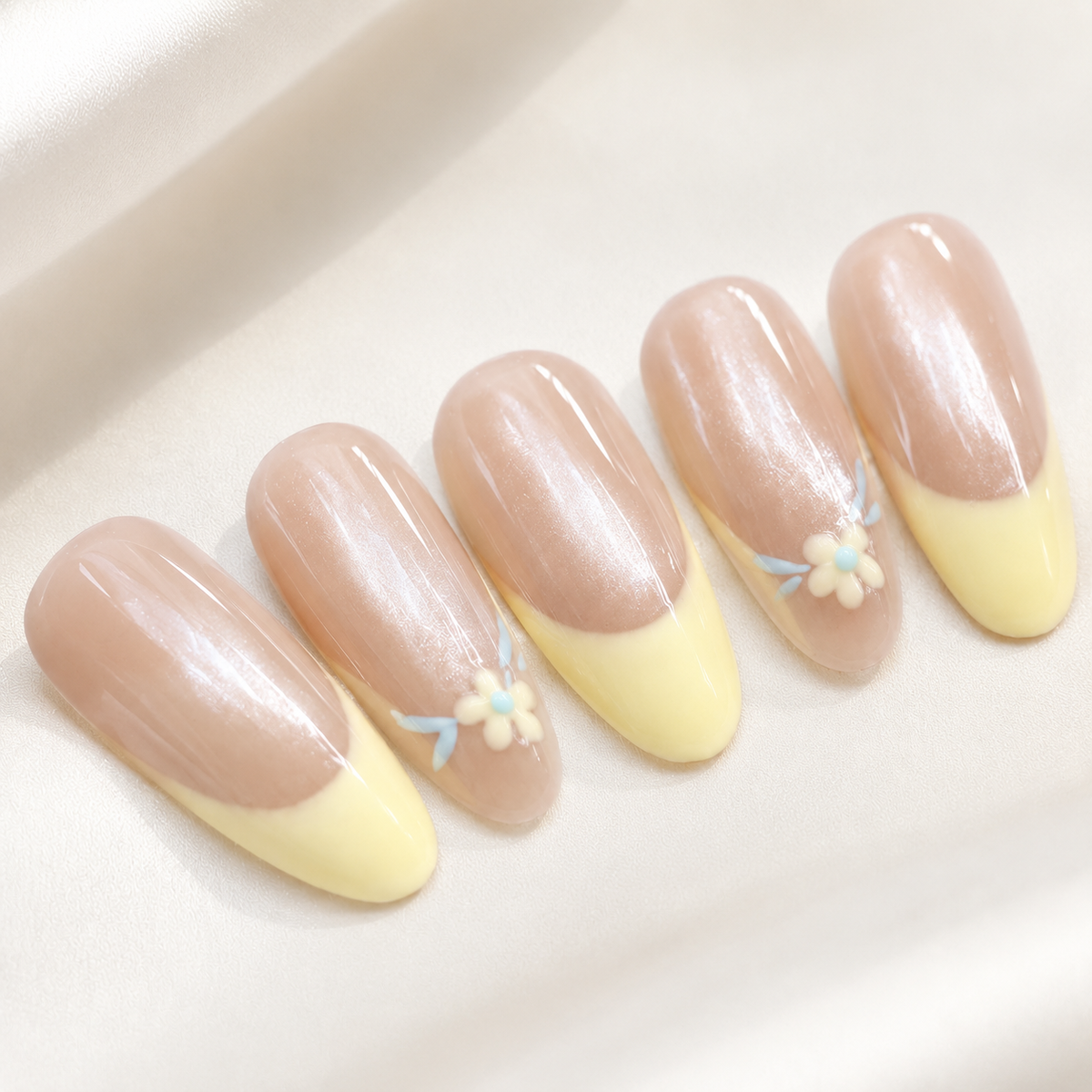 Nude Yellow French Press On Nails | Floral Gel Nails