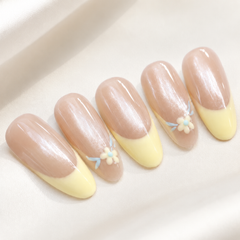 Nude Yellow French Press On Nails | Floral Gel Nails
