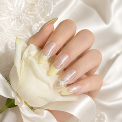 Nude Yellow French Press On Nails | Floral Gel Nails