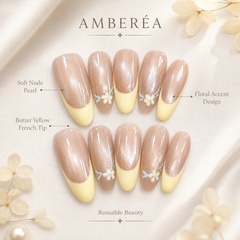 Nude Yellow French Press On Nails | Floral Gel Nails