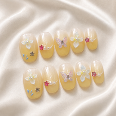 Butterfly Floral Press On Nails | Yellow 3D Gel Nail Art