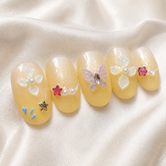 Butterfly Floral Press On Nails | Yellow 3D Gel Nail Art