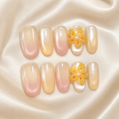 Golden Flower Press On Nails | Nude Yellow 3D Floral Gel Nails