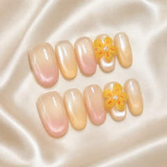 Golden Flower Press On Nails | Nude Yellow 3D Floral Gel Nails