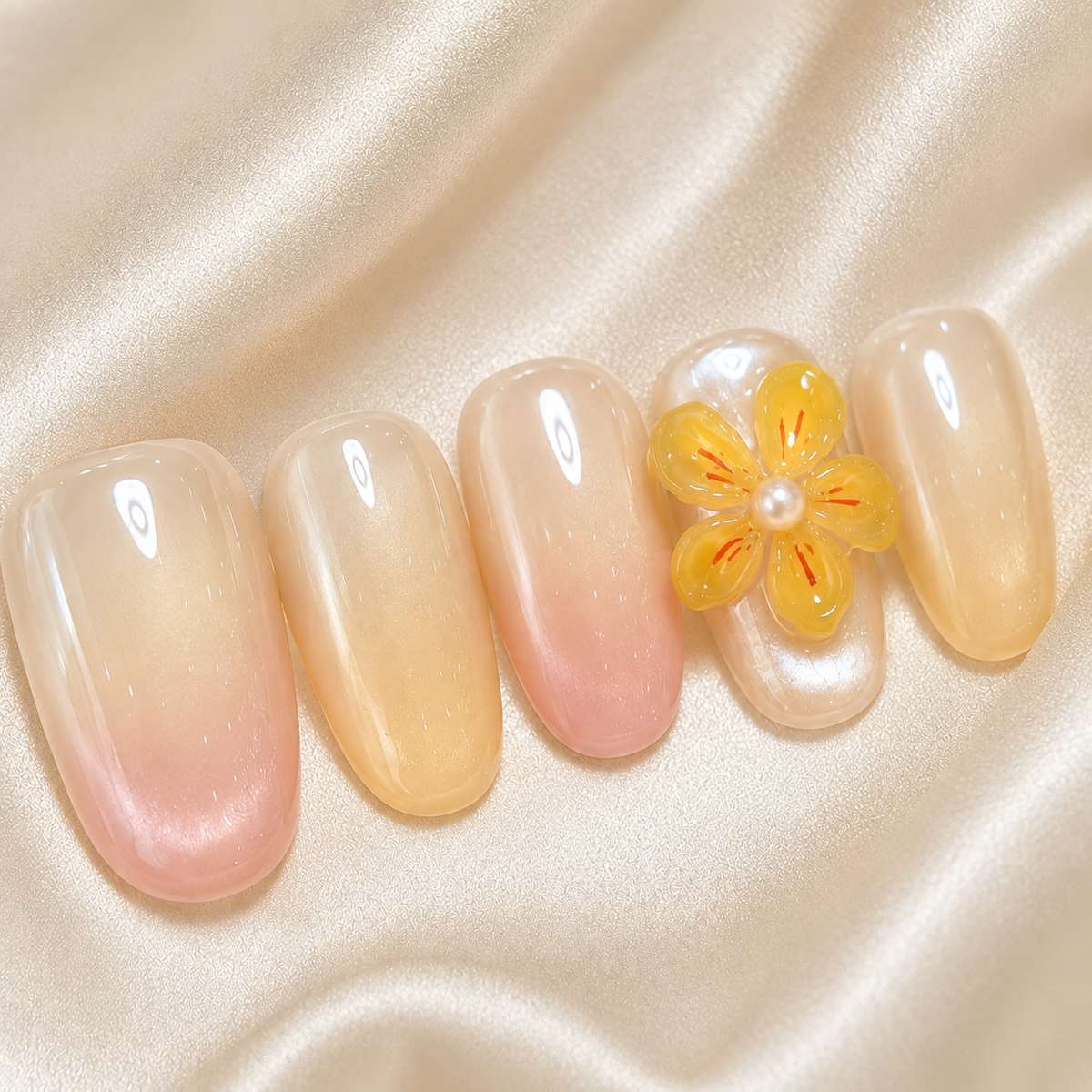 Golden Flower Press On Nails | Nude Yellow 3D Floral Gel Nails