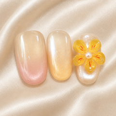 Golden Flower Press On Nails | Nude Yellow 3D Floral Gel Nails