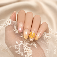 Golden Flower Press On Nails | Nude Yellow 3D Floral Gel Nails