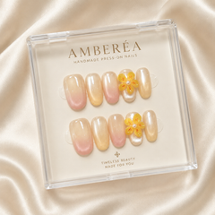 Golden Flower Press On Nails | Nude Yellow 3D Floral Gel Nails