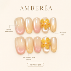 Golden Flower Press On Nails | Nude Yellow 3D Floral Gel Nails