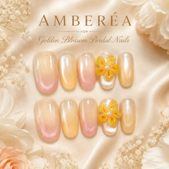 Golden Flower Press On Nails | Nude Yellow 3D Floral Gel Nails