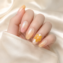 Golden Flower Press On Nails | Nude Yellow 3D Floral Gel Nails