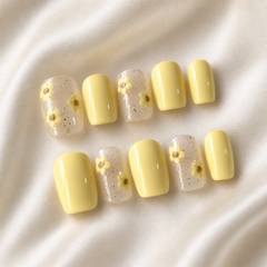 Yellow Floral Press On Nails | Lemon Daisy Gel Nails Handmade