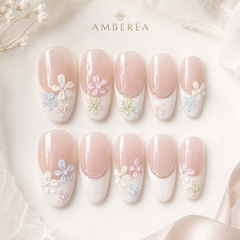 Pink Flower Press On Nails | 3D Floral French Gel Nails Handmade