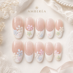 Pink Flower Press On Nails | 3D Floral French Gel Nails Handmade