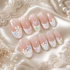 Pink Flower Press On Nails | 3D Floral French Gel Nails Handmade