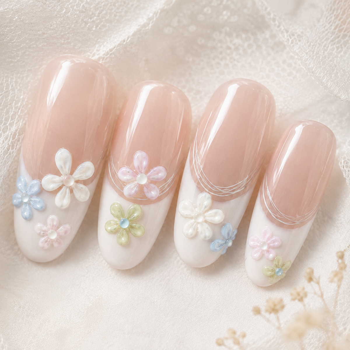 Pink Flower Press On Nails | 3D Floral French Gel Nails Handmade