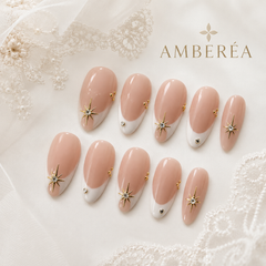 Nude Pink French Press On Nails | Gold Star Crystal Gel Nails
