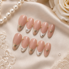 Nude Pink French Press On Nails | Gold Star Crystal Gel Nails