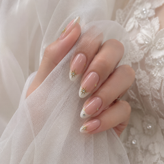 Nude Pink French Press On Nails | Gold Star Crystal Gel Nails