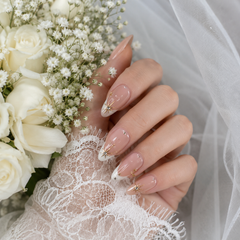 Nude Pink French Press On Nails | Gold Star Crystal Gel Nails