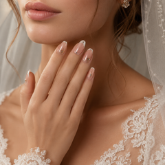 Nude Pink French Press On Nails | Gold Star Crystal Gel Nails