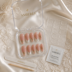 Nude Pink French Press On Nails | Gold Star Crystal Gel Nails